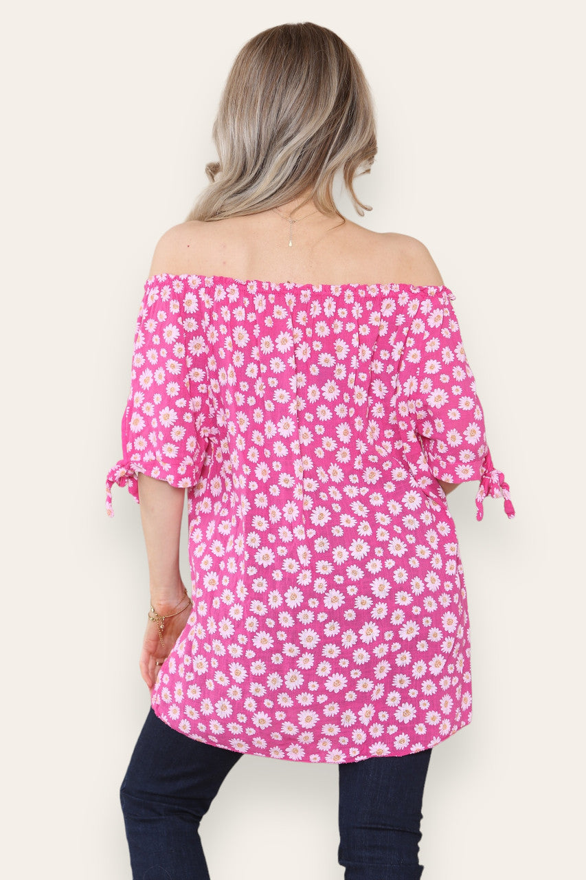 DITSY DAISY PRINT OFF THE SHOULDER BARDOT TOP CERISE