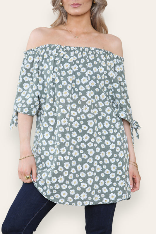 DITSY DAISY PRINT OFF THE SHOULDER BARDOT TOP KHAKI