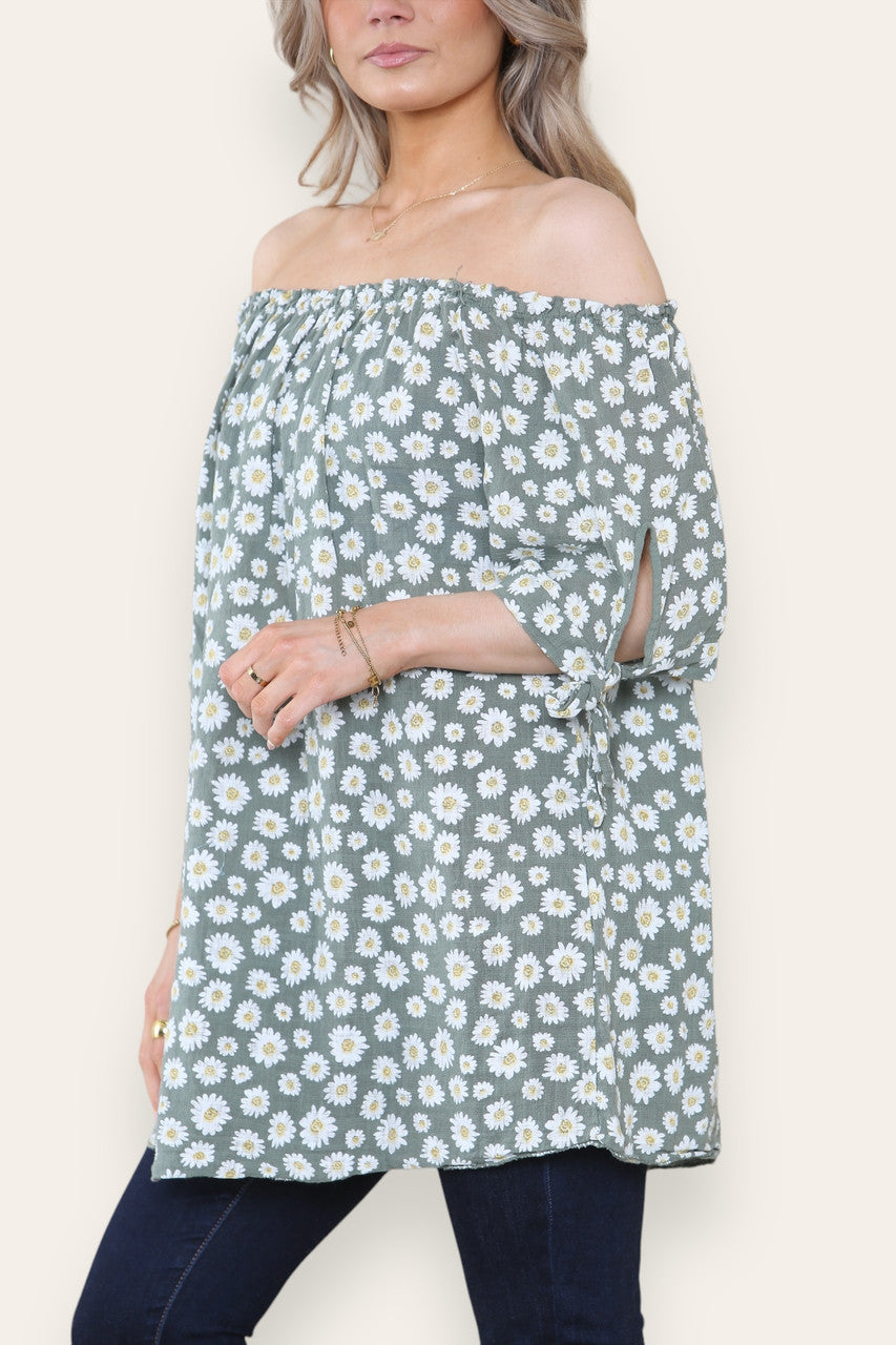 OVERZICHTELIJK DAISY PRINT OFF-THE-SHOULDER BARDOT TOP KAKI