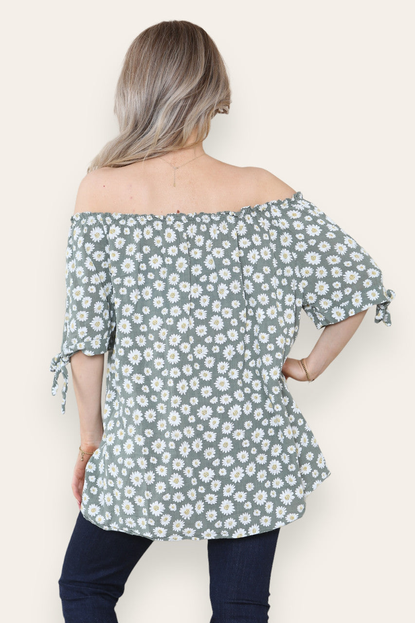 OVERZICHTELIJK DAISY PRINT OFF-THE-SHOULDER BARDOT TOP KAKI