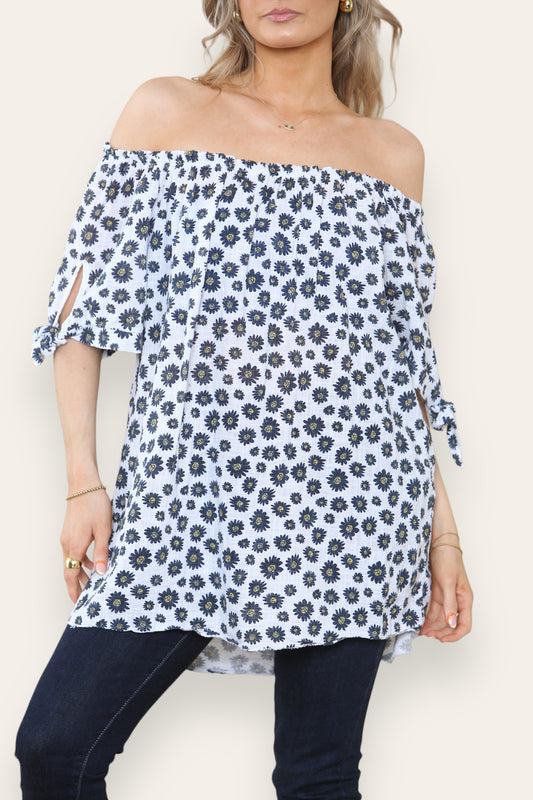 DITSY DAISY PRINT OFF THE SHOULDER BARDOT TOP WHITE