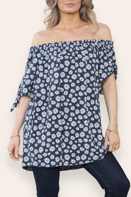 DITSY DAISY PRINT OFF THE SHOULDER BARDOT TOP NAVY