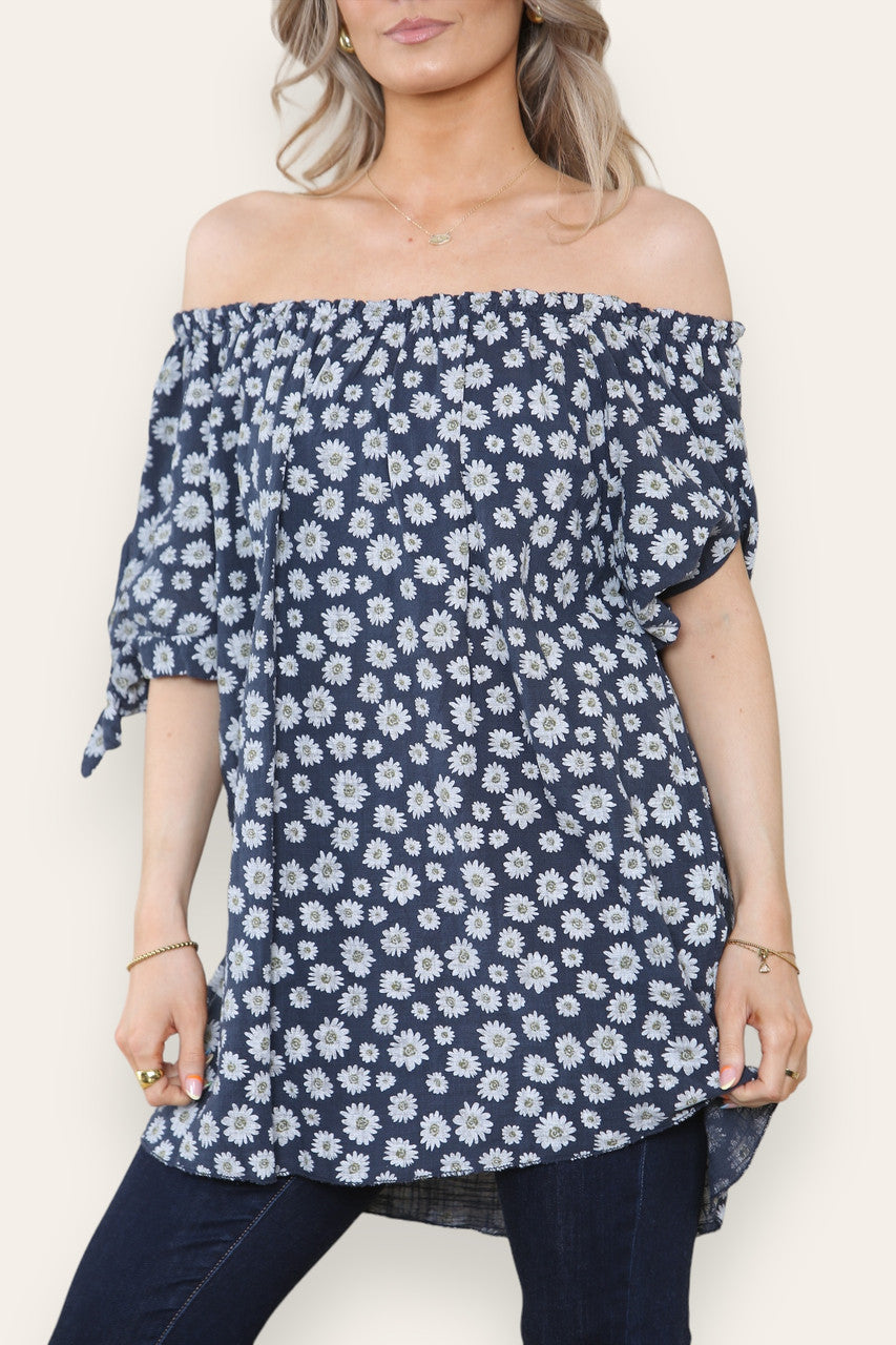 DITSY DAISY PRINT OFF THE SHOULDER BARDOT TOP NAVY