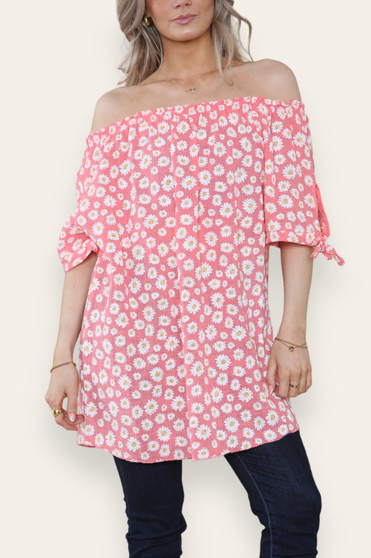 DITSY DAISY PRINT OFF THE SHOULDER BARDOT TOP CORAL