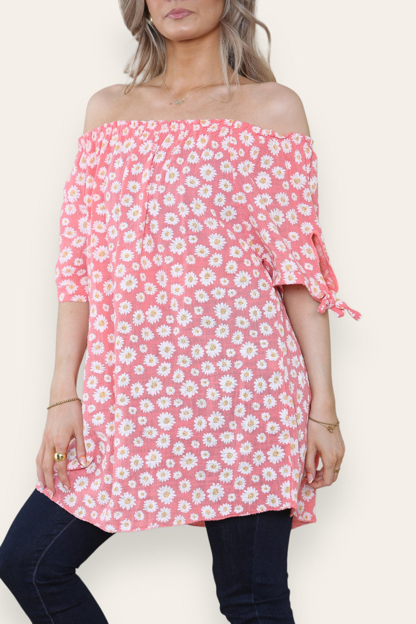 DITSY DAISY PRINT OFF THE SHOULDER BARDOT TOP CORAL