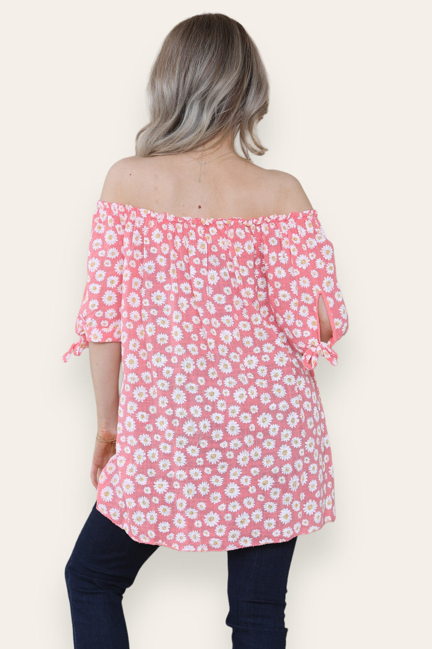 DITSY DAISY PRINT OFF THE SHOULDER BARDOT TOP CORAL