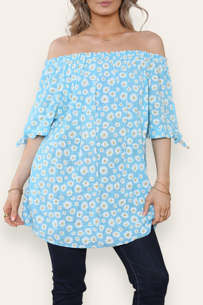 DITSY DAISY PRINT BARDOT TOP MET BLOTE SCHOUDERS TURQUOISE