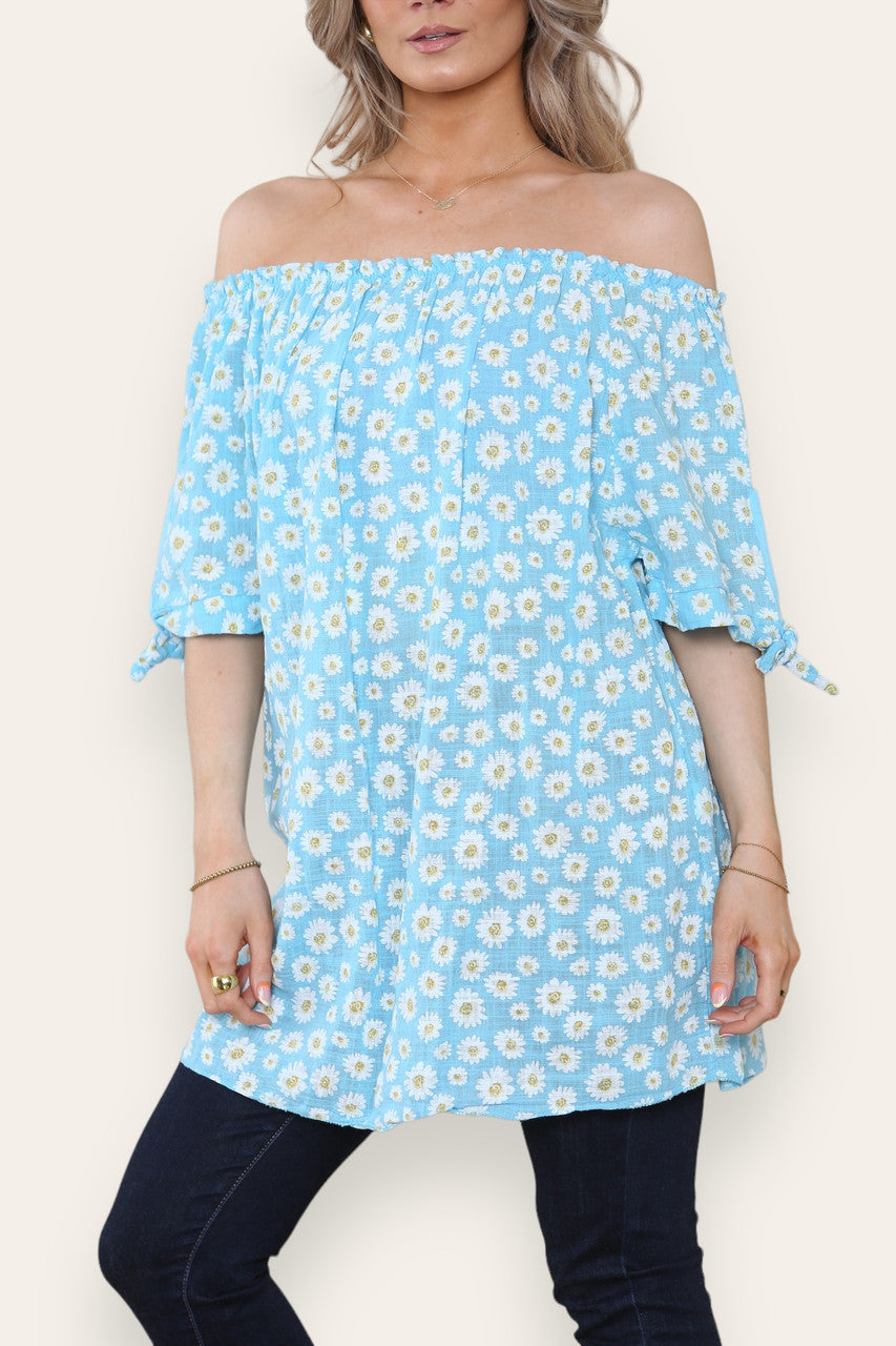 DITSY DAISY PRINT BARDOT TOP MET BLOTE SCHOUDERS TURQUOISE