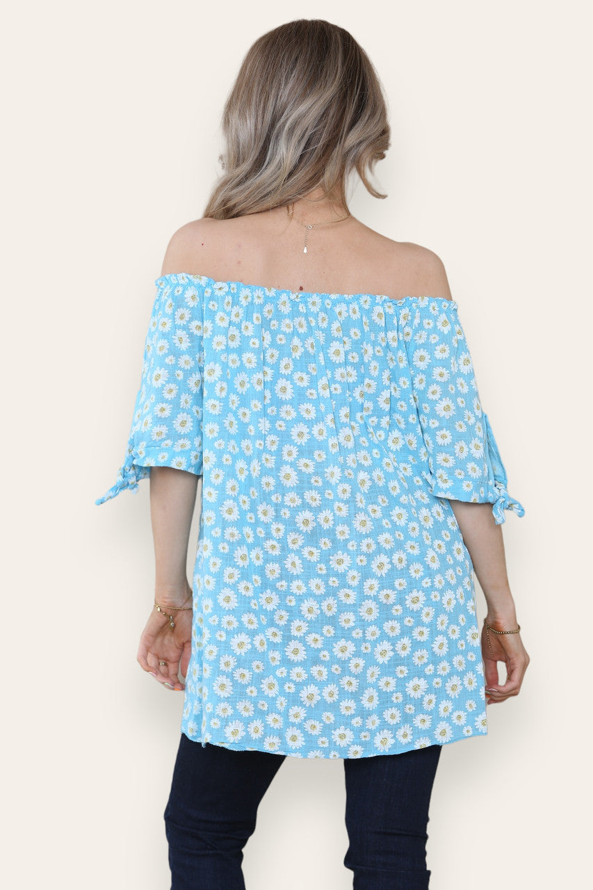 DITSY DAISY PRINT BARDOT TOP MET BLOTE SCHOUDERS TURQUOISE