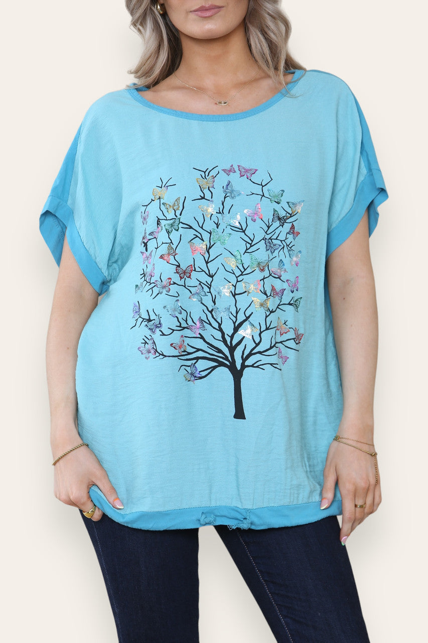 VLINDERBOOM FOLIE GRAPHISCH TOP TURKOOIS