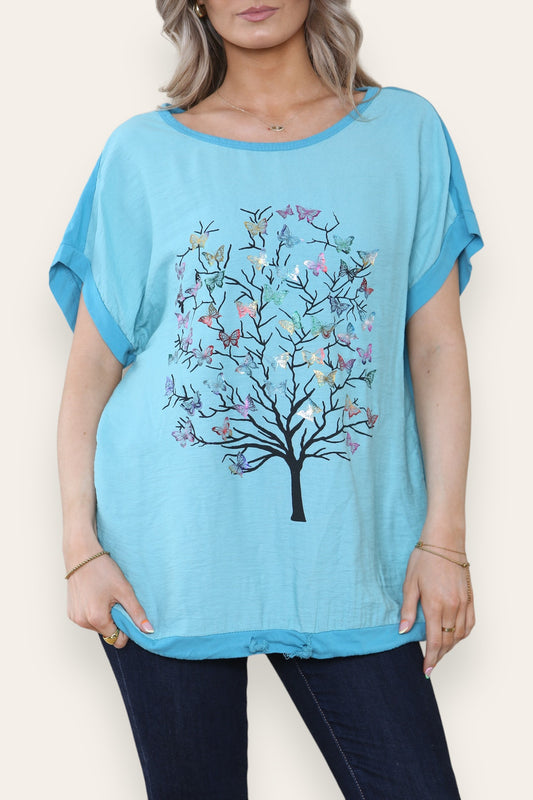 BUTTERFLY TREE FOIL GRAPHIC TOP TURQUOISE