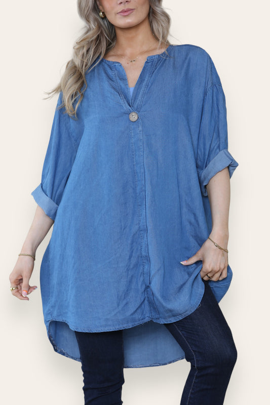 GRANDAD COLLAR BUTTON FRONT TUNIC TOP DARK DENIM