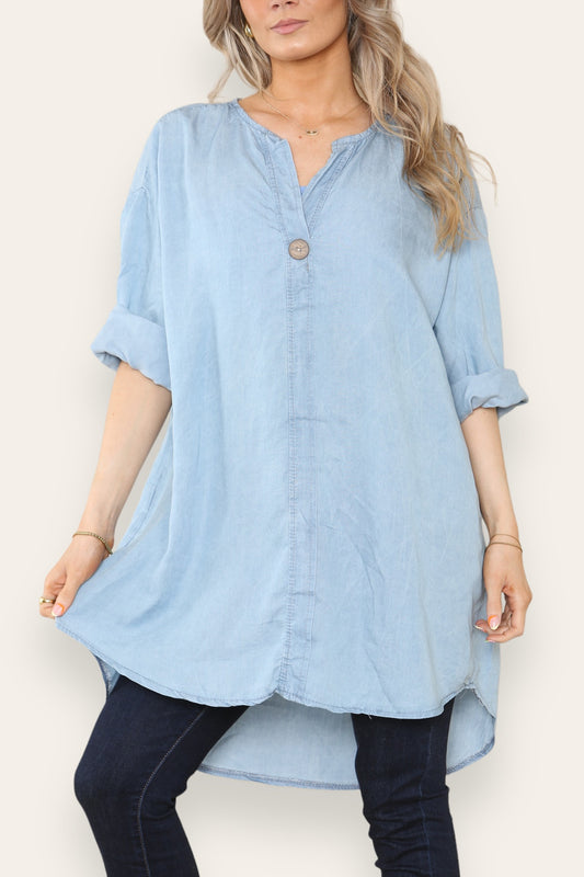 GRANDAD COLLAR BUTTON FRONT TUNIC TOP LIGHT DENIM