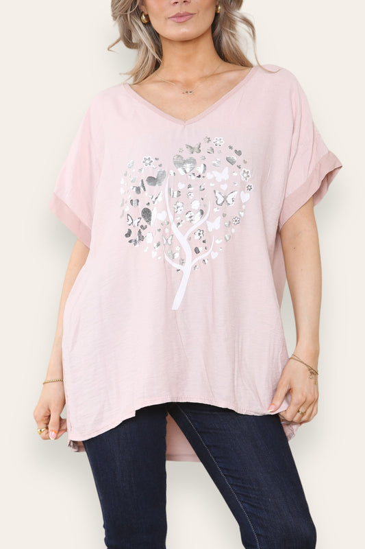 FOIL BUTTERFLY HEART TREE GRAPHIC TOP DUSTY PINK