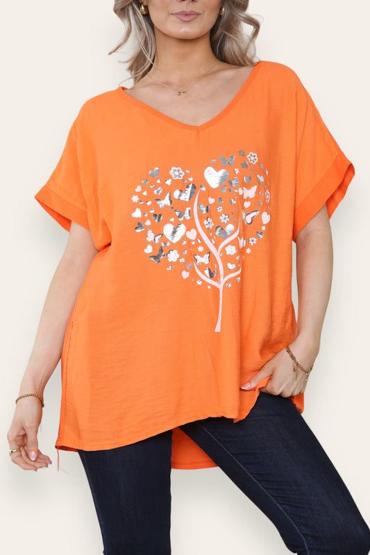 FOIL BUTTERFLY HEART TREE GRAPHIC TOP ORANGE