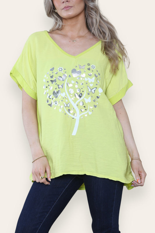 FOIL BUTTERFLY HEART TREE GRAPHIC TOP LIME