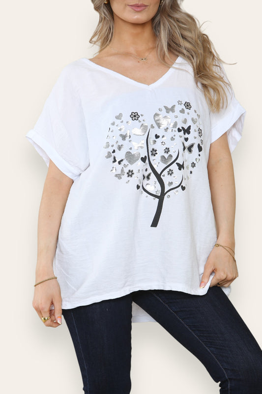 FOIL BUTTERFLY HEART TREE GRAPHIC TOP WHITE