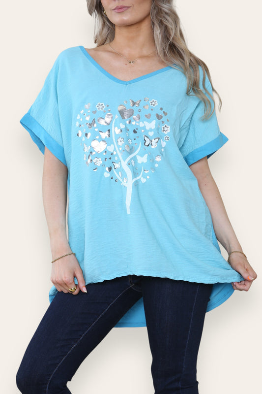 FOIL BUTTERFLY HEART TREE GRAPHIC TOP TURUOISE