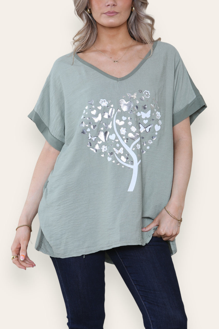 FOIL BUTTERFLY HEART TREE GRAPHIC TOP KHAKI