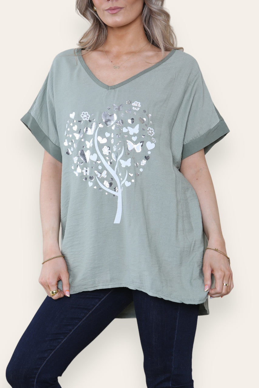 FOIL BUTTERFLY HEART TREE GRAPHIC TOP KHAKI