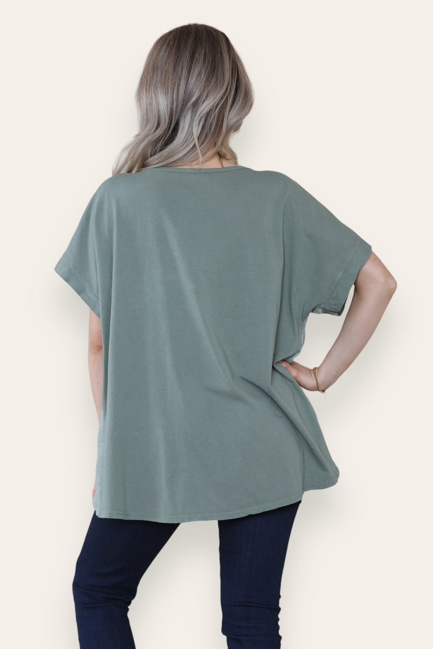FOIL BUTTERFLY HEART TREE GRAPHIC TOP KHAKI