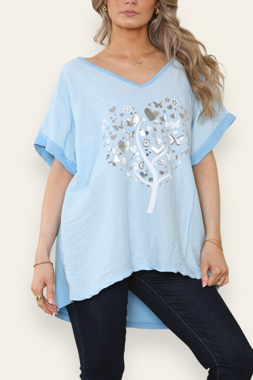 FOIL BUTTERFLY HEART TREE GRAPHIC TOP SKY BLUE