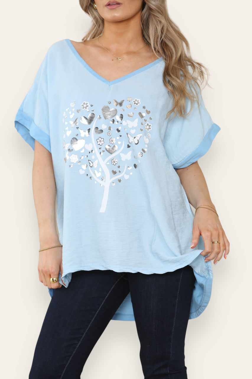 FOIL BUTTERFLY HEART TREE GRAPHIC TOP SKY BLUE