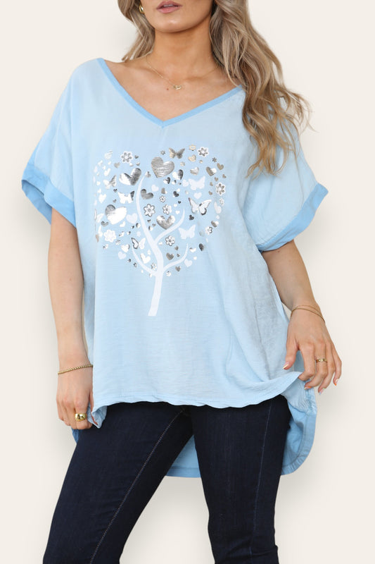 FOIL BUTTERFLY HEART TREE GRAPHIC TOP SKY BLUE