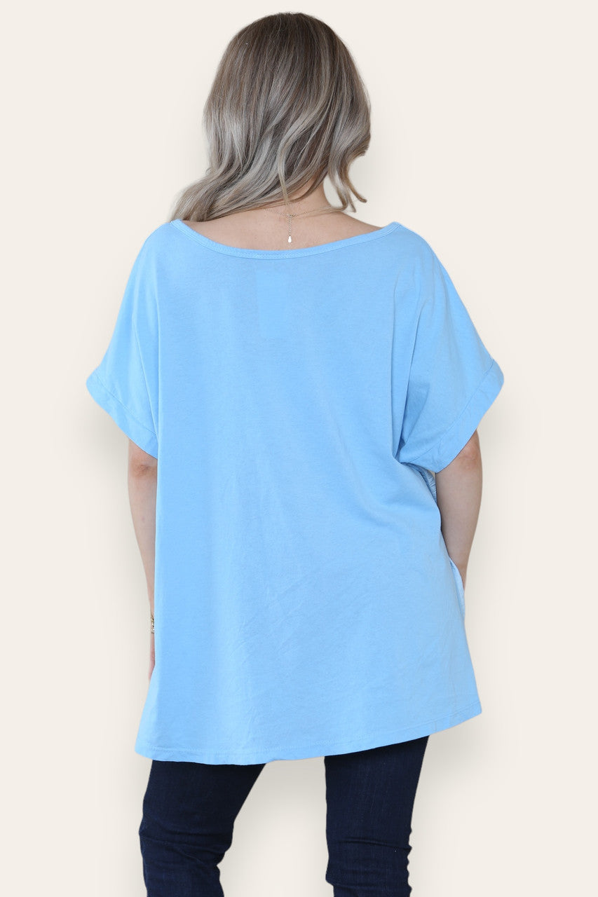 FOIL BUTTERFLY HEART TREE GRAPHIC TOP SKY BLUE
