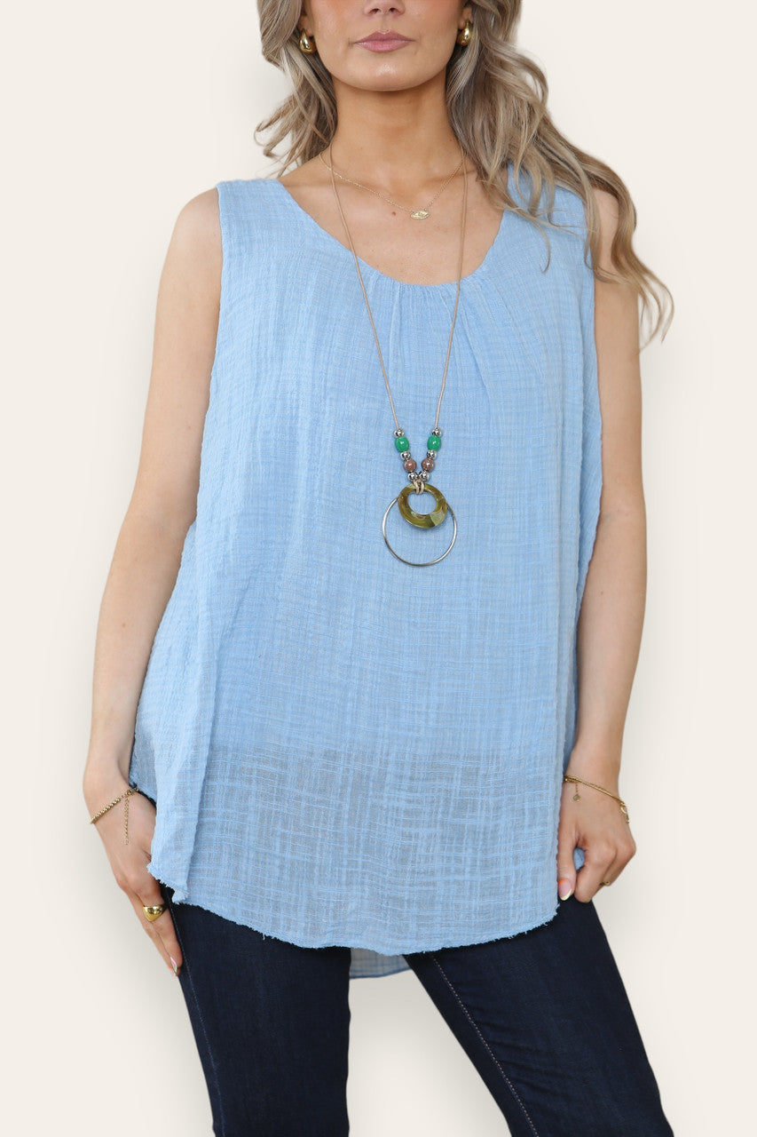 SLEEVELESS VEST TOP WITH NECKLACE LIGHT BLUE
