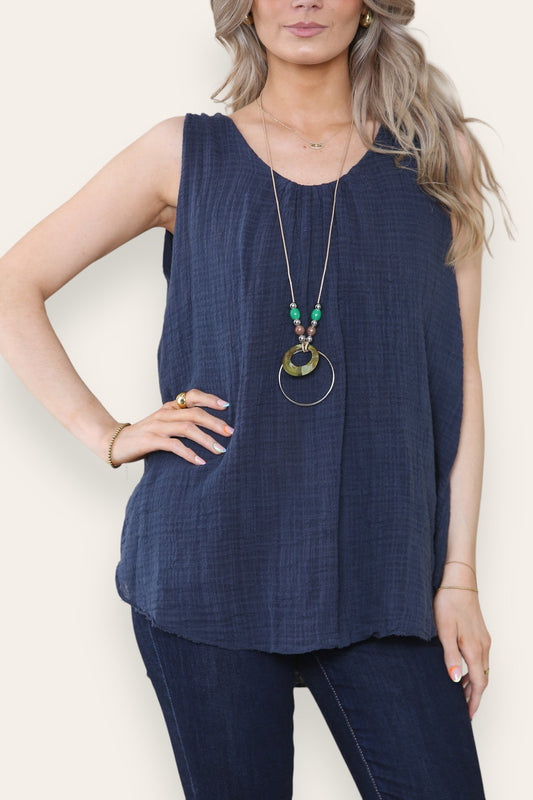 SLEEVELESS VEST TOP WITH NECKLACE NAVY