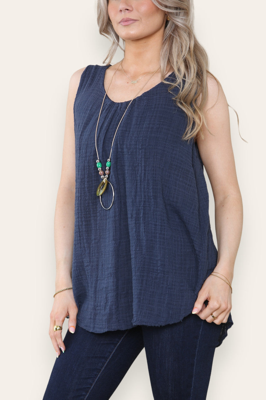 SLEEVELESS VEST TOP WITH NECKLACE NAVY