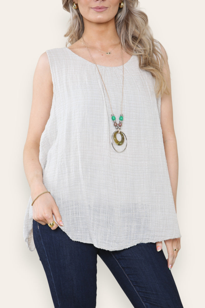 SLEEVELESS VEST TOP WITH NECKLACE STONE