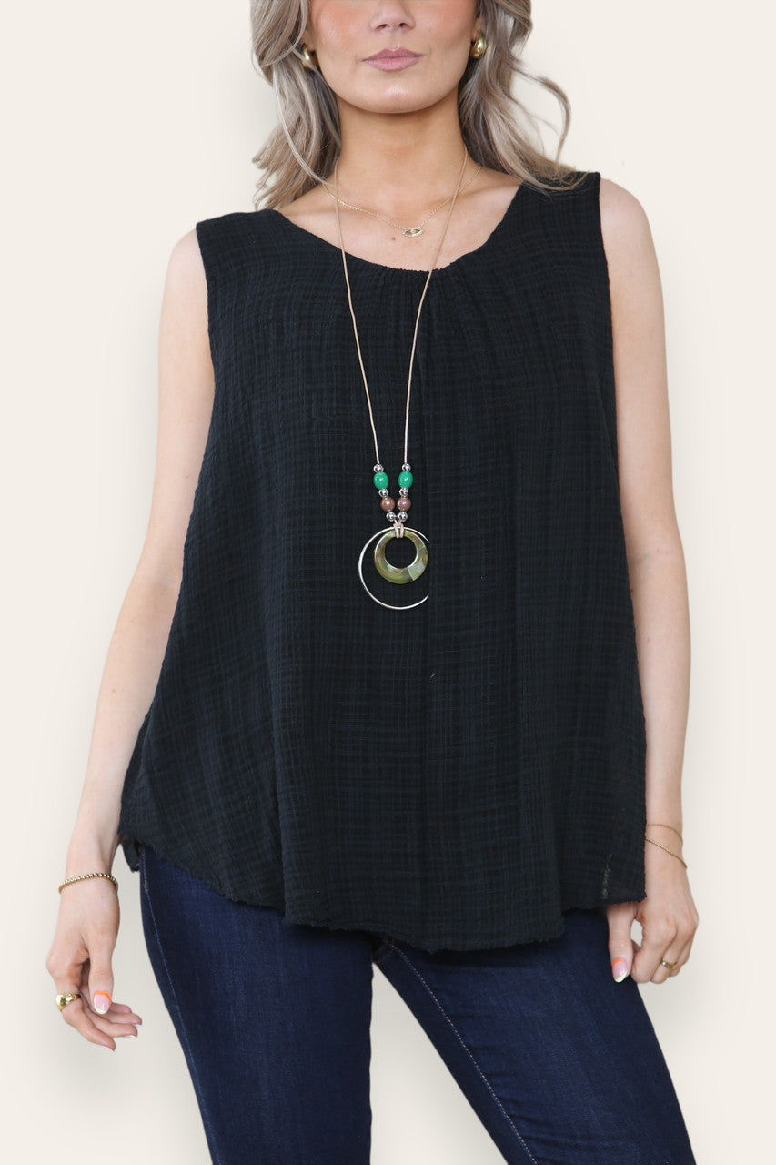 SLEEVELESS VEST TOP WITH NECKLACE BLACK