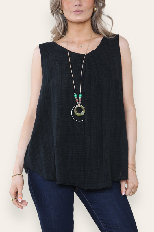 SLEEVELESS VEST TOP WITH NECKLACE BLACK