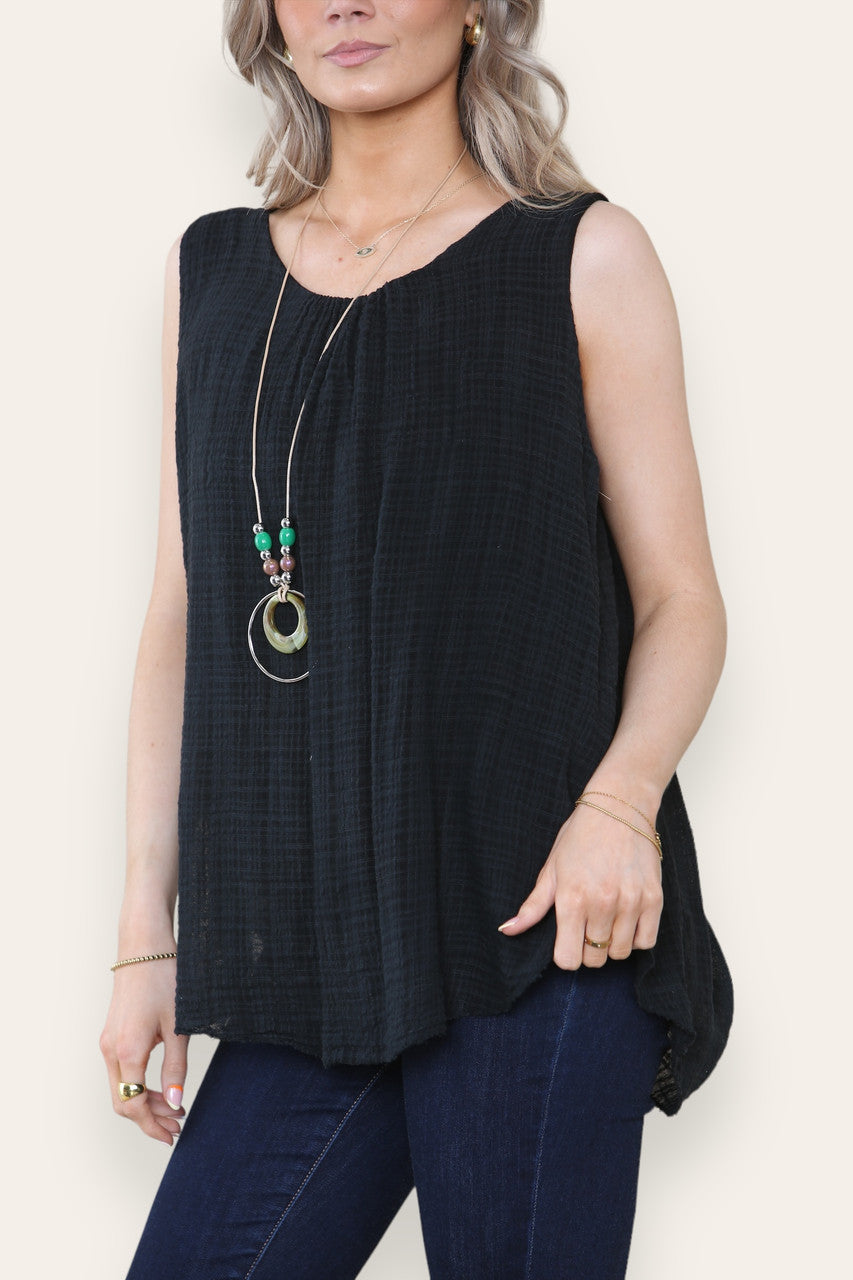 SLEEVELESS VEST TOP WITH NECKLACE BLACK