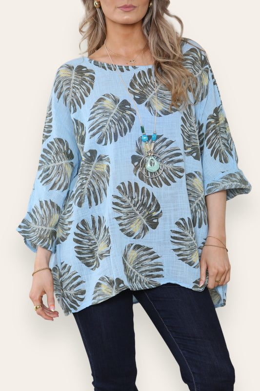 PALM LEAF PRINT TOP - LIGHT BLUE