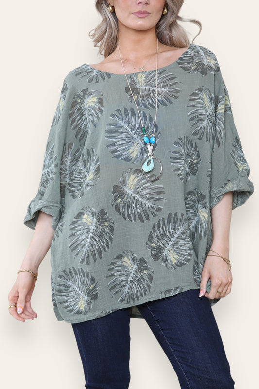 PALM LEAF PRINT TOP - KHAKI