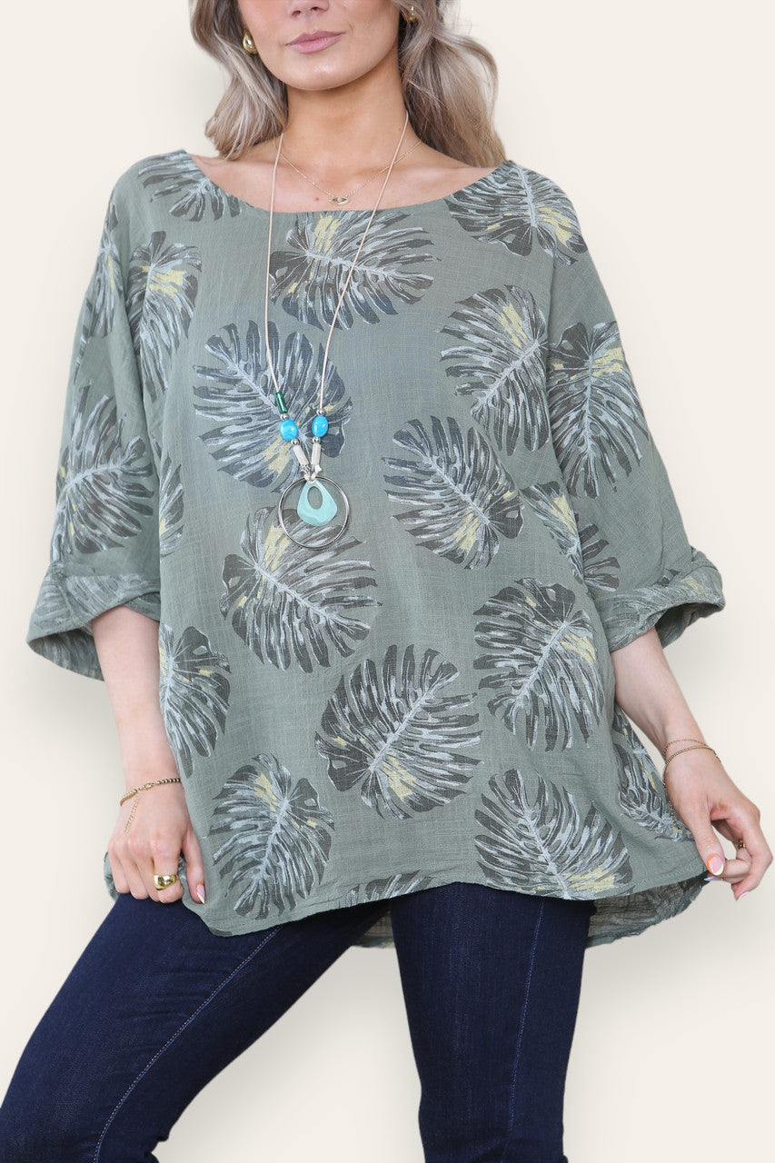 TOP MET PALMBLAADPRINT - KHAKI
