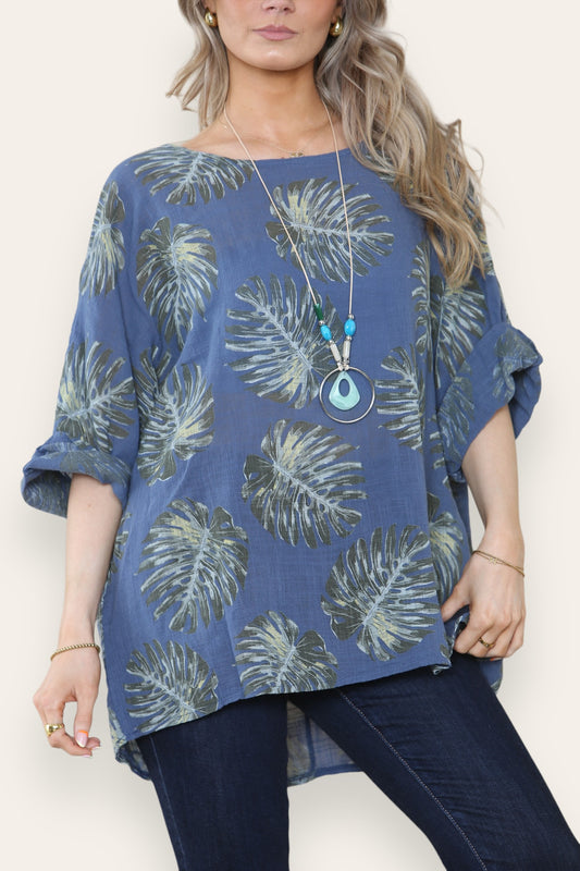PALM LEAF PRINT TOP - DENIM