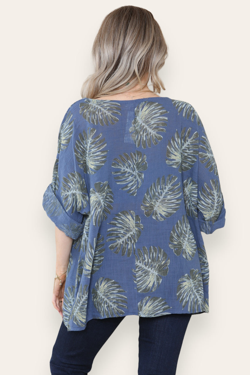TOP MET PALMBADPRINT - DENIM