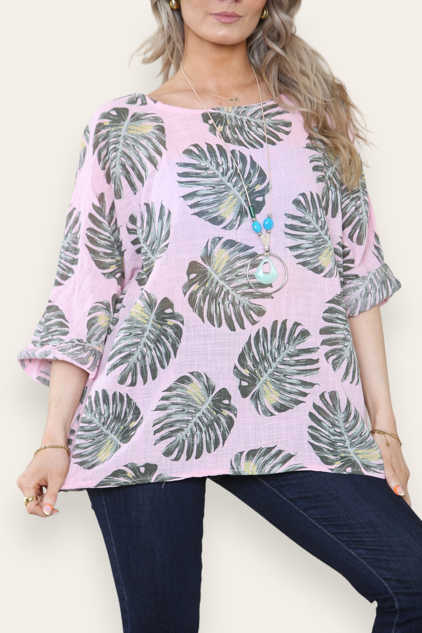 TOP MET PALMBLADPRINT - ROZE