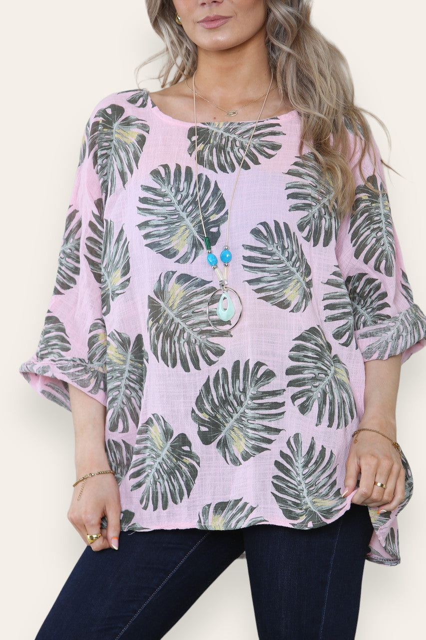 TOP MET PALMBLADPRINT - ROZE