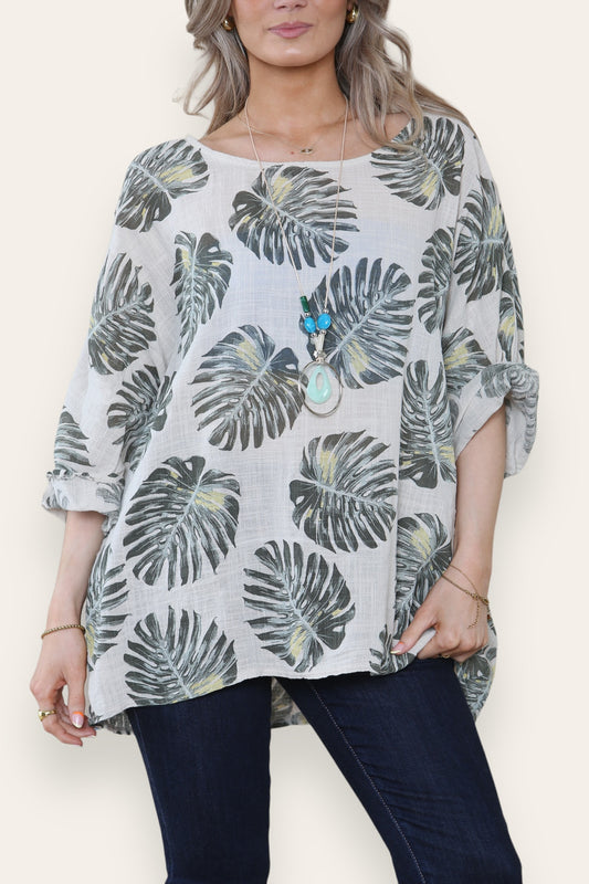 PALM LEAF PRINT TOP - STONE