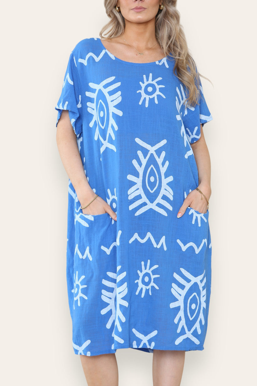 MIDI JURK MET TRIBAL MIX PRINT KONINGSBLAUW