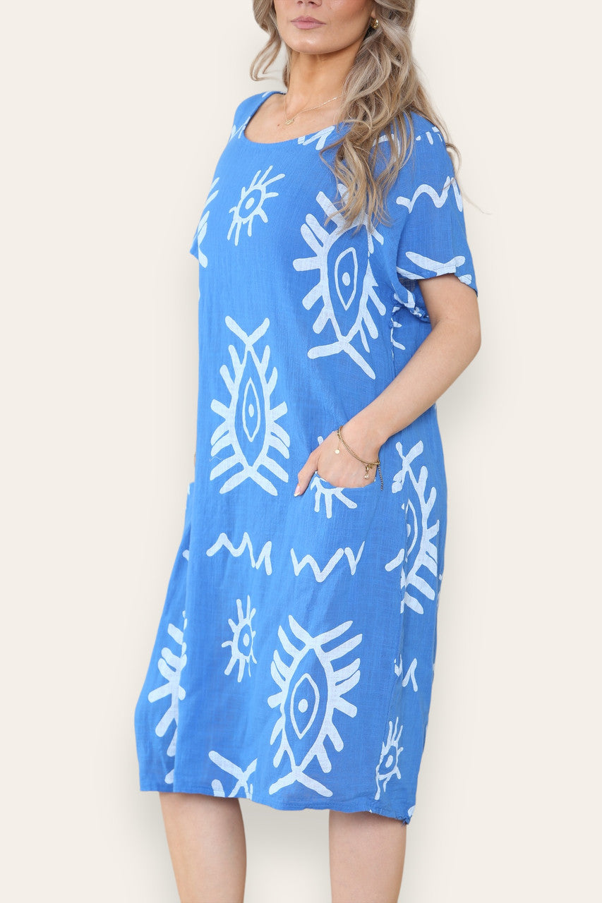 MIDI JURK MET TRIBAL MIX PRINT KONINGSBLAUW