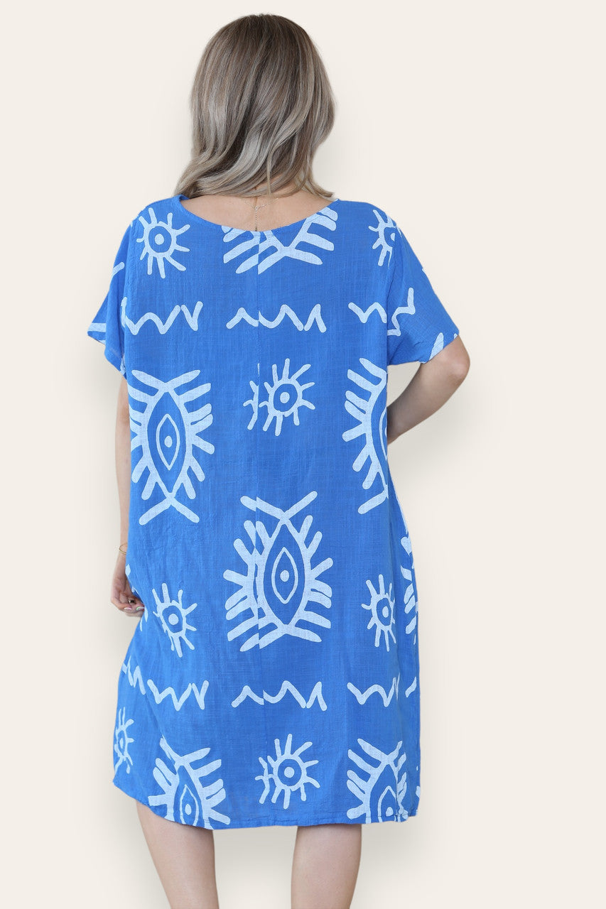 MIDI JURK MET TRIBAL MIX PRINT KONINGSBLAUW
