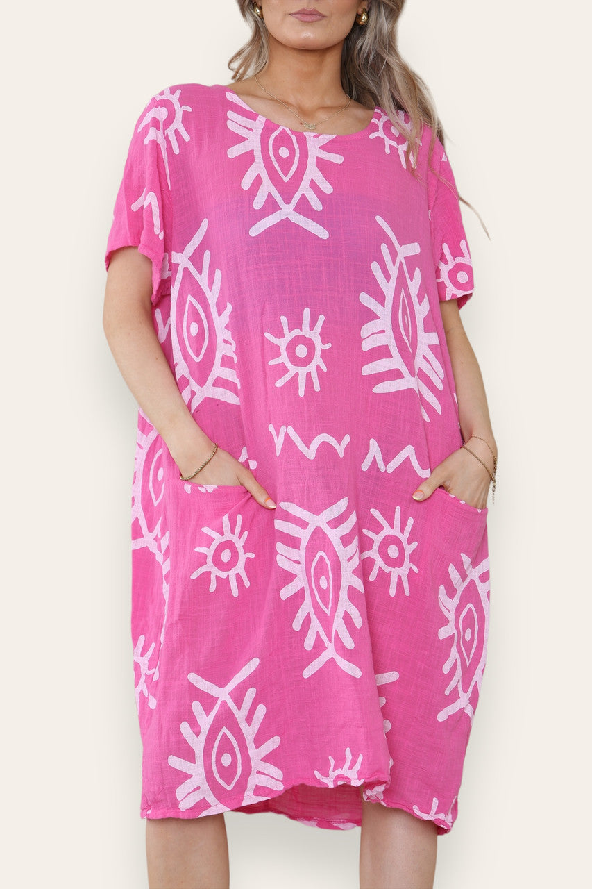 TRIBALE MIDI JURK MET PRINT IN CERISE