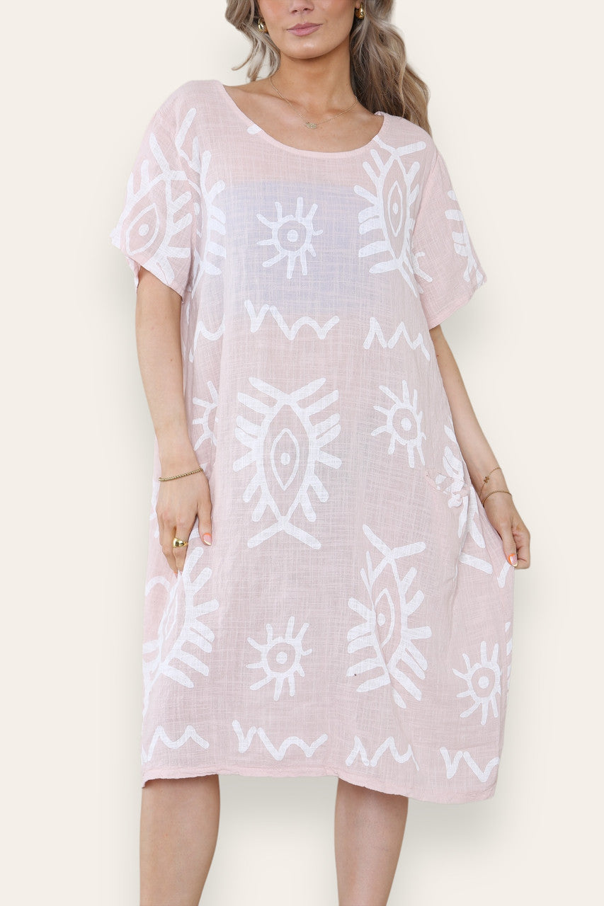 TRIBAL MIX PRINT MIDI DRESS DUSTY PINK