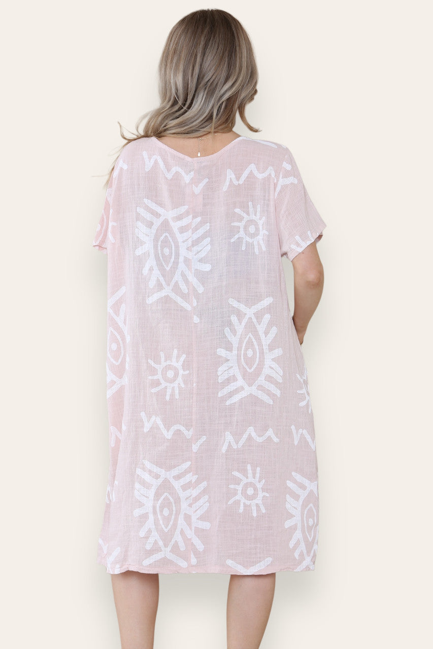 TRIBAL MIX PRINT MIDI DRESS DUSTY PINK
